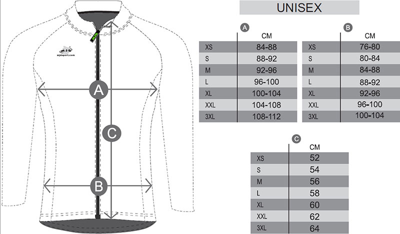 Guía de tallas de las chaquetas de manga larga de MJD Sport